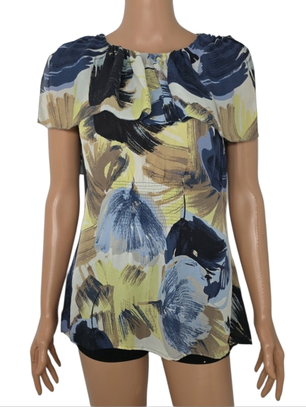 BCBGMaxAzria Abstract Silk Top in Blue, Yellow and Tan Size M Medium